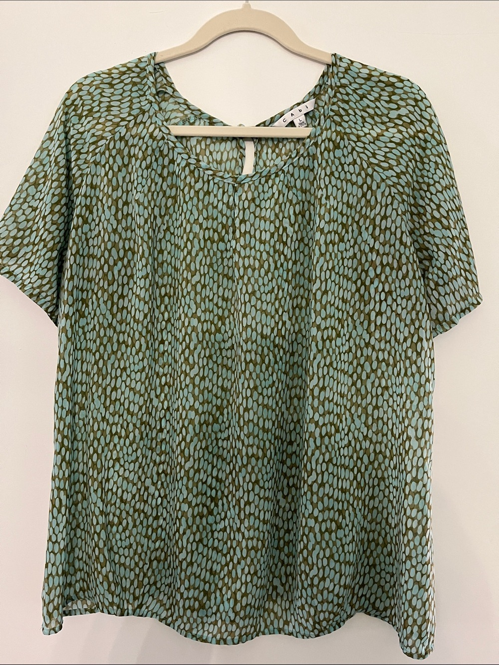 CAbi Olive and Light Blue Dot-Print Short Sleeve Blouse